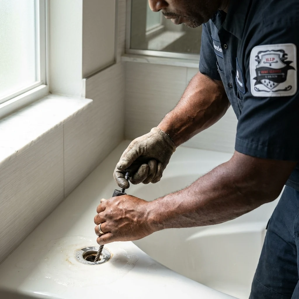 A plumber kneeling at a bathtub drain with a hand tool during a service call