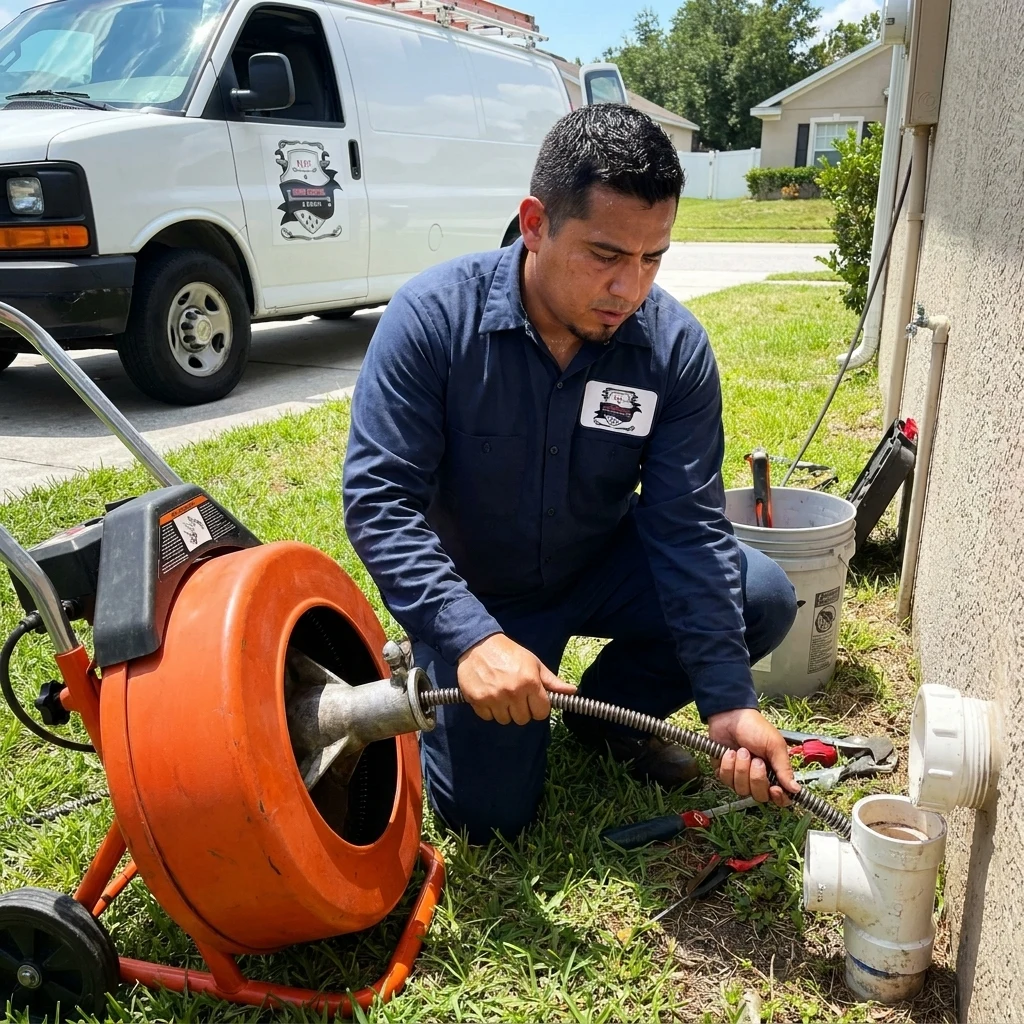 A technician working a drain machine at a lawn cleanout beside a house