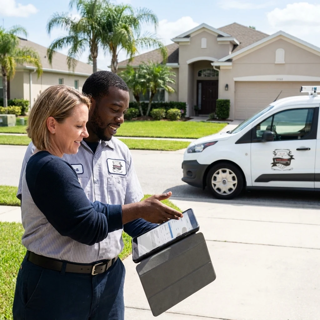Technician and homeowner reviewing an estimate on a tablet in front of a Brandon house and company van