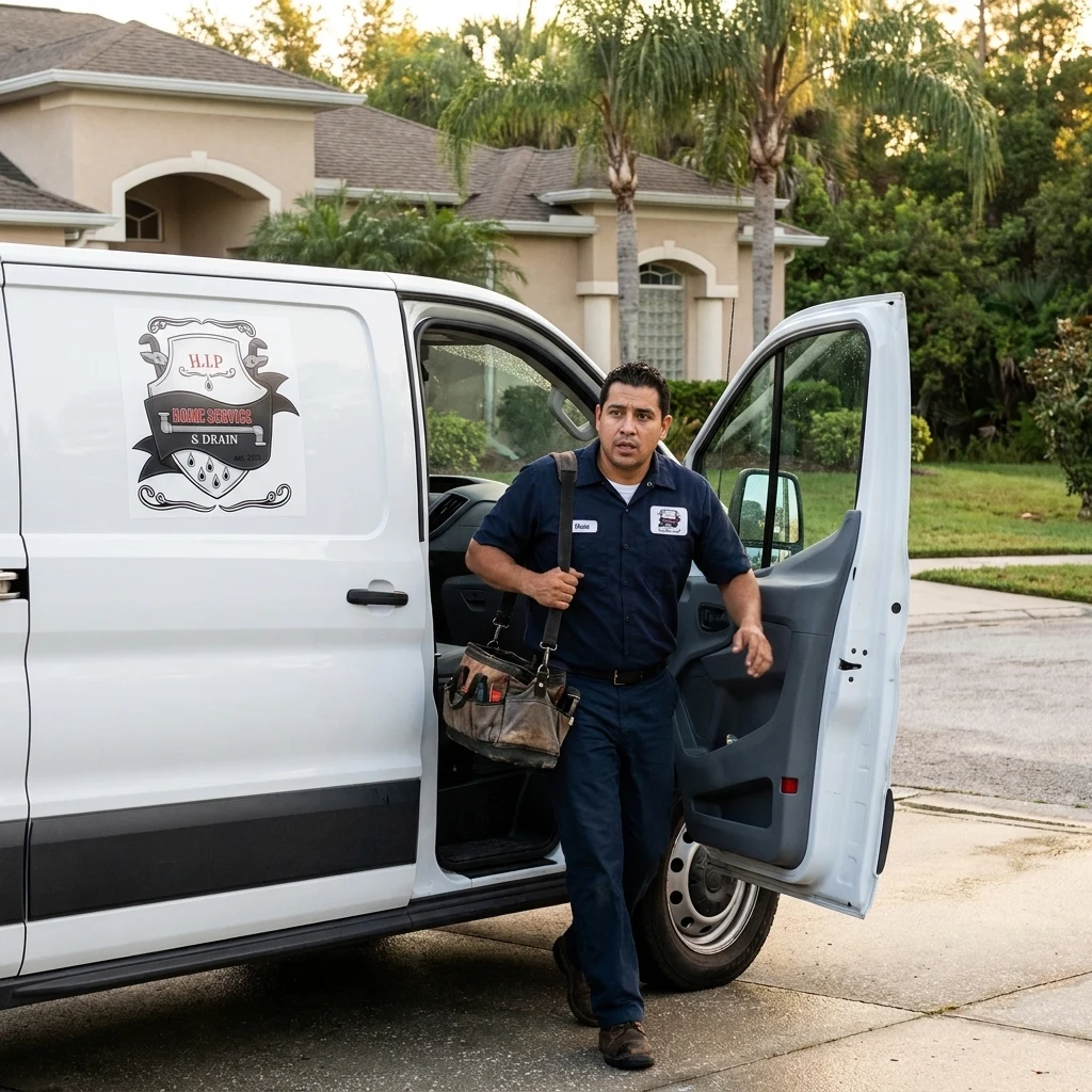 A plumber stepping out of a service van with tools at a Seffner driveway