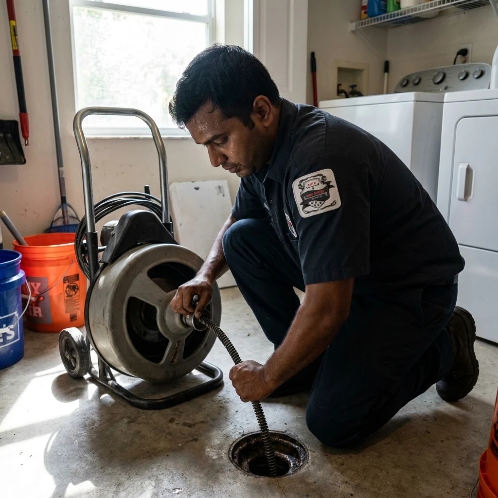 A technician feeding a drain cable into a garage floor drain from a drum machine