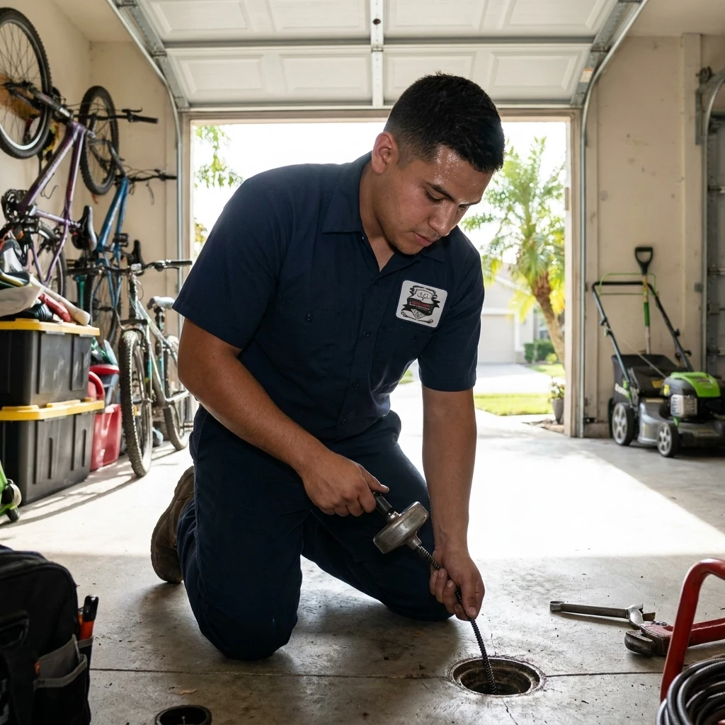 A plumber kneeling at a garage floor drain with a small cleaning tool