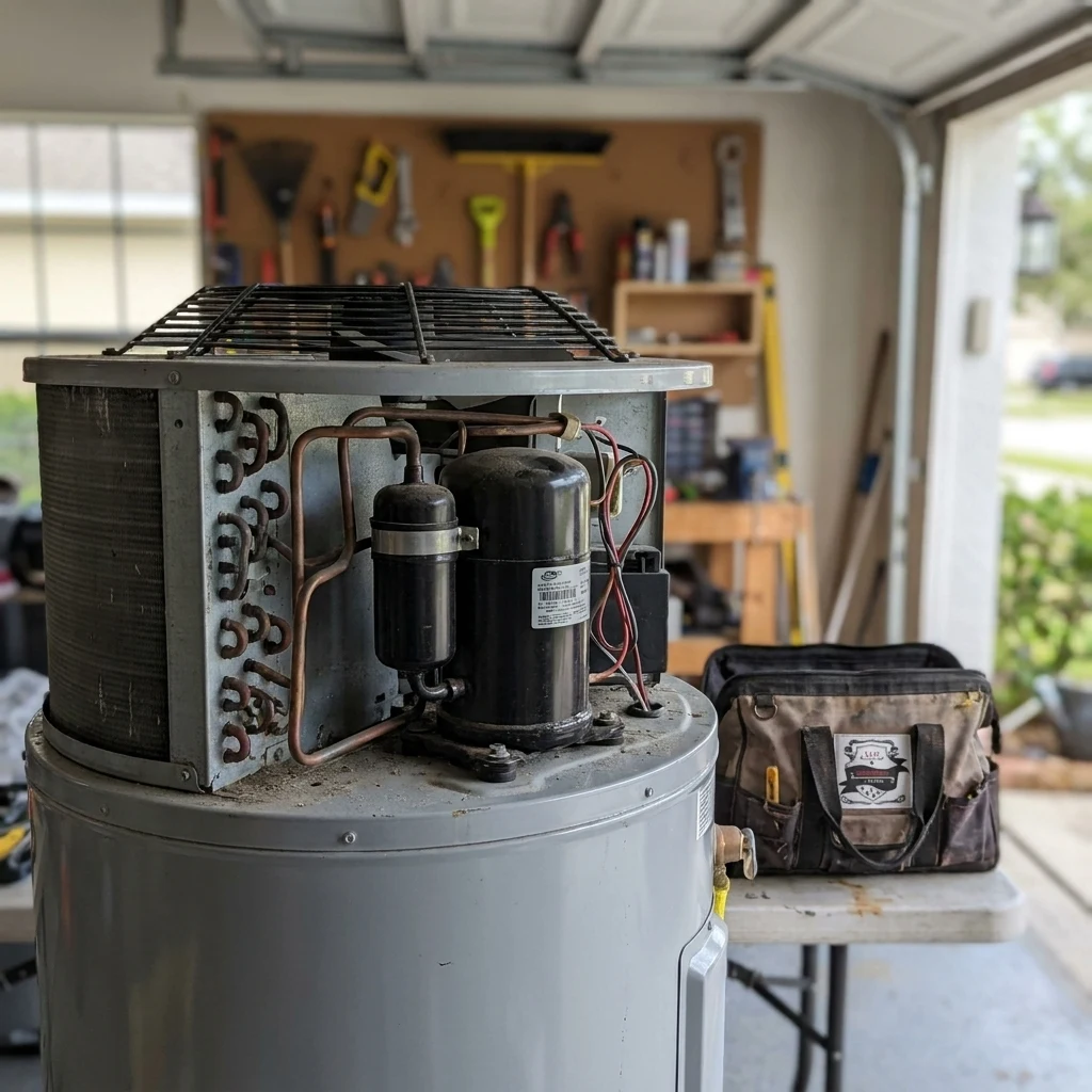 The compressor and coil of a hybrid heat pump water heater mounted on a tank, seen in a garage