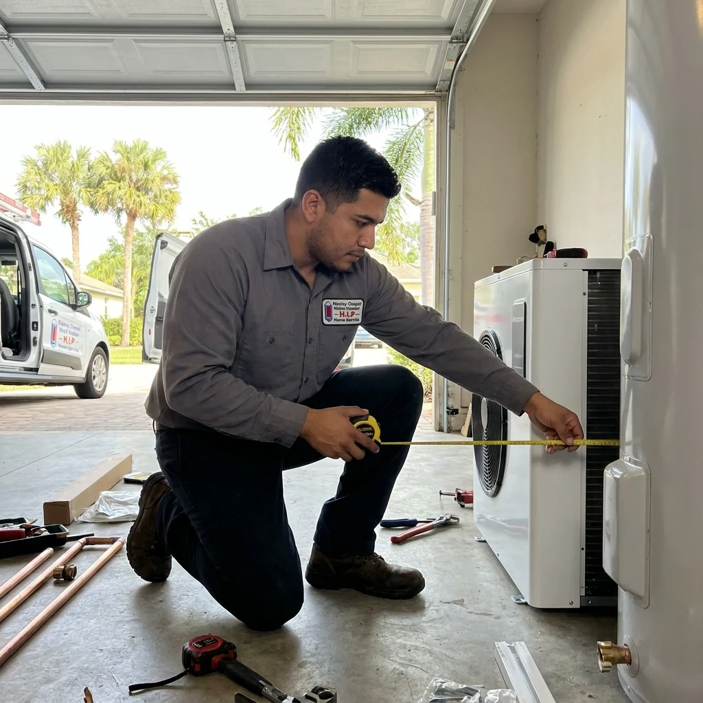 A technician measuring clearance around a hybrid heat pump water heater in a garage before installation