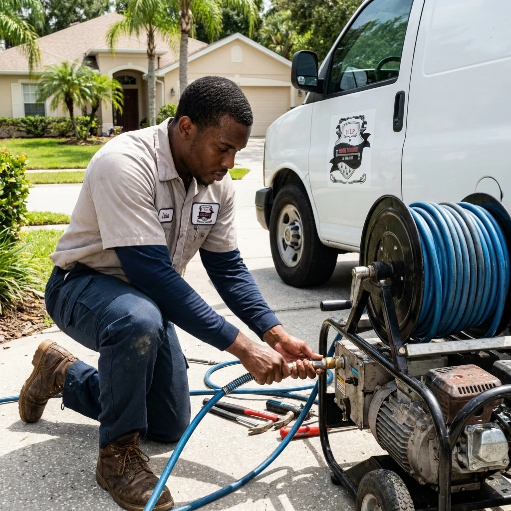 A technician unreeling a blue high-pressure hose from a hydro jetting machine at a front yard