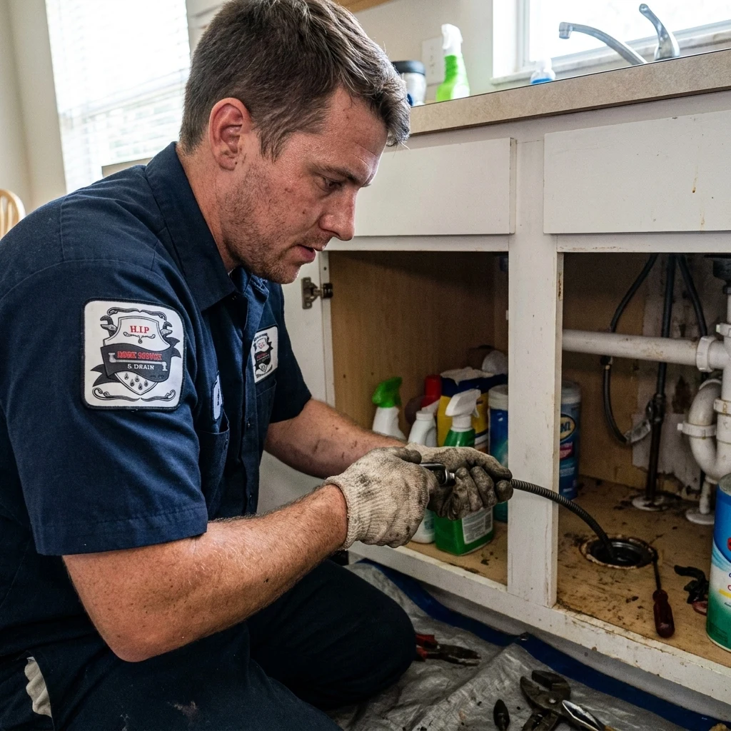 A technician under a kitchen sink reaching the drain trap and supply stops