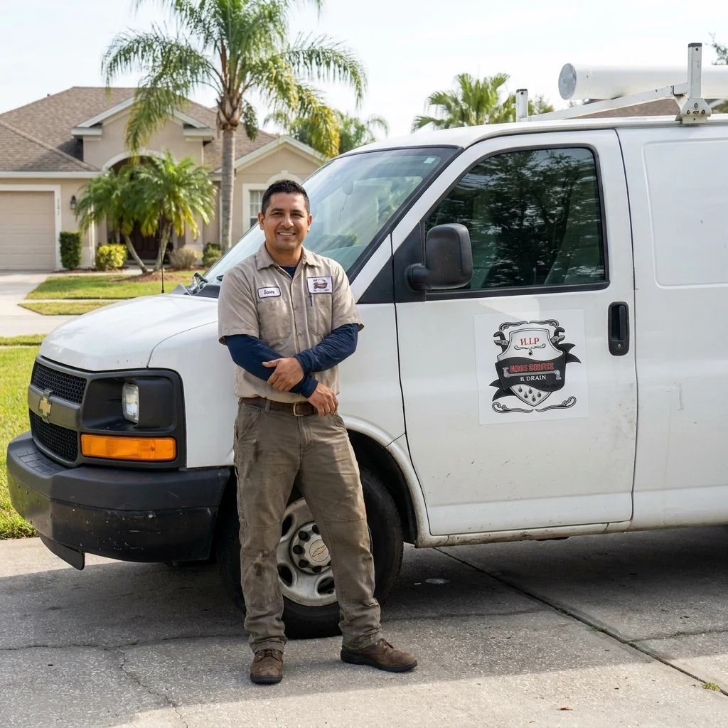 Plumber in a tan uniform standing beside a white H.I.P. Home Service van in front of a Florida stucco house