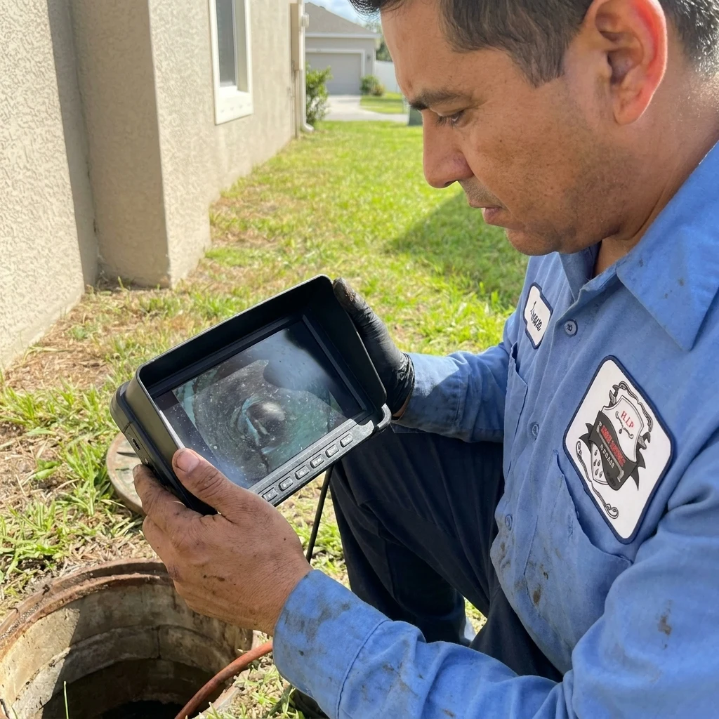 Plumber viewing a camera monitor beside an open sewer cleanout in a Brandon yard