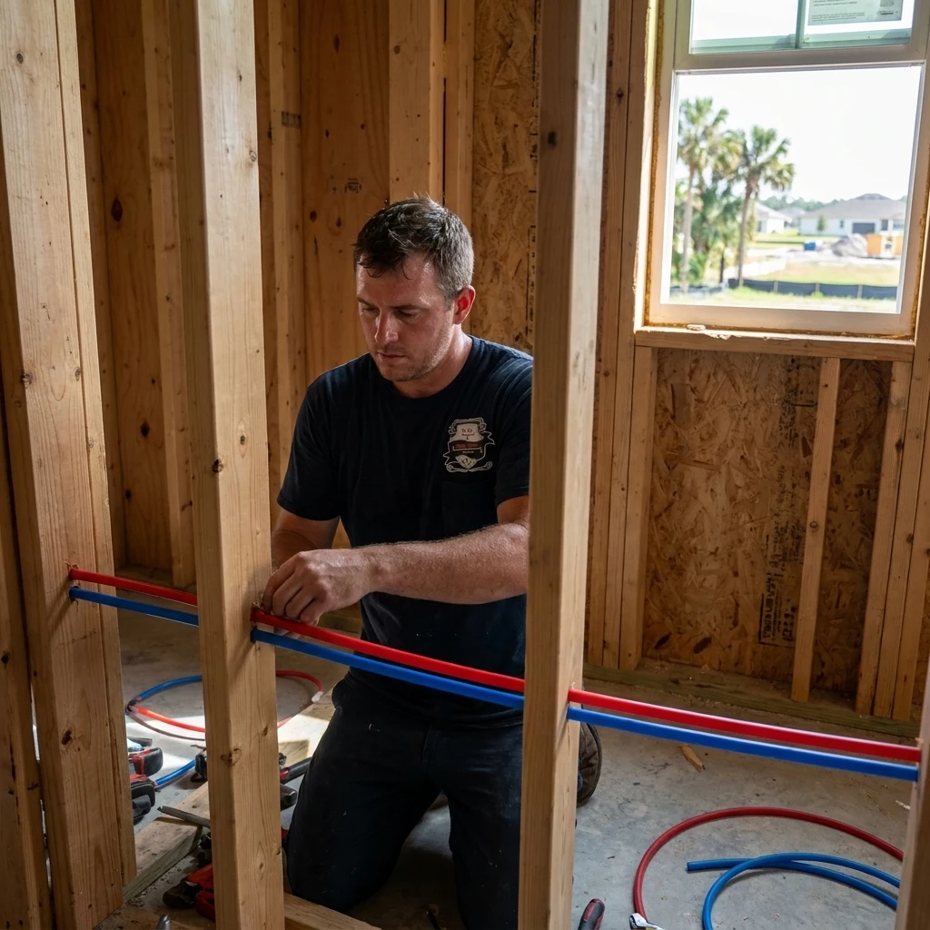 A plumber working between open wall studs with red and blue PEX supply tubing in a newer-construction home