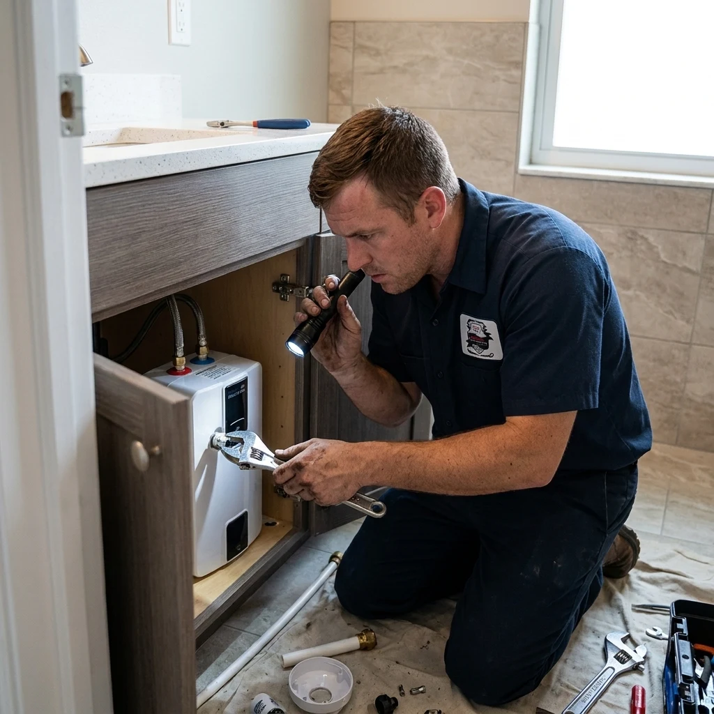 A technician under a sink cabinet installing a compact point-of-use water heater