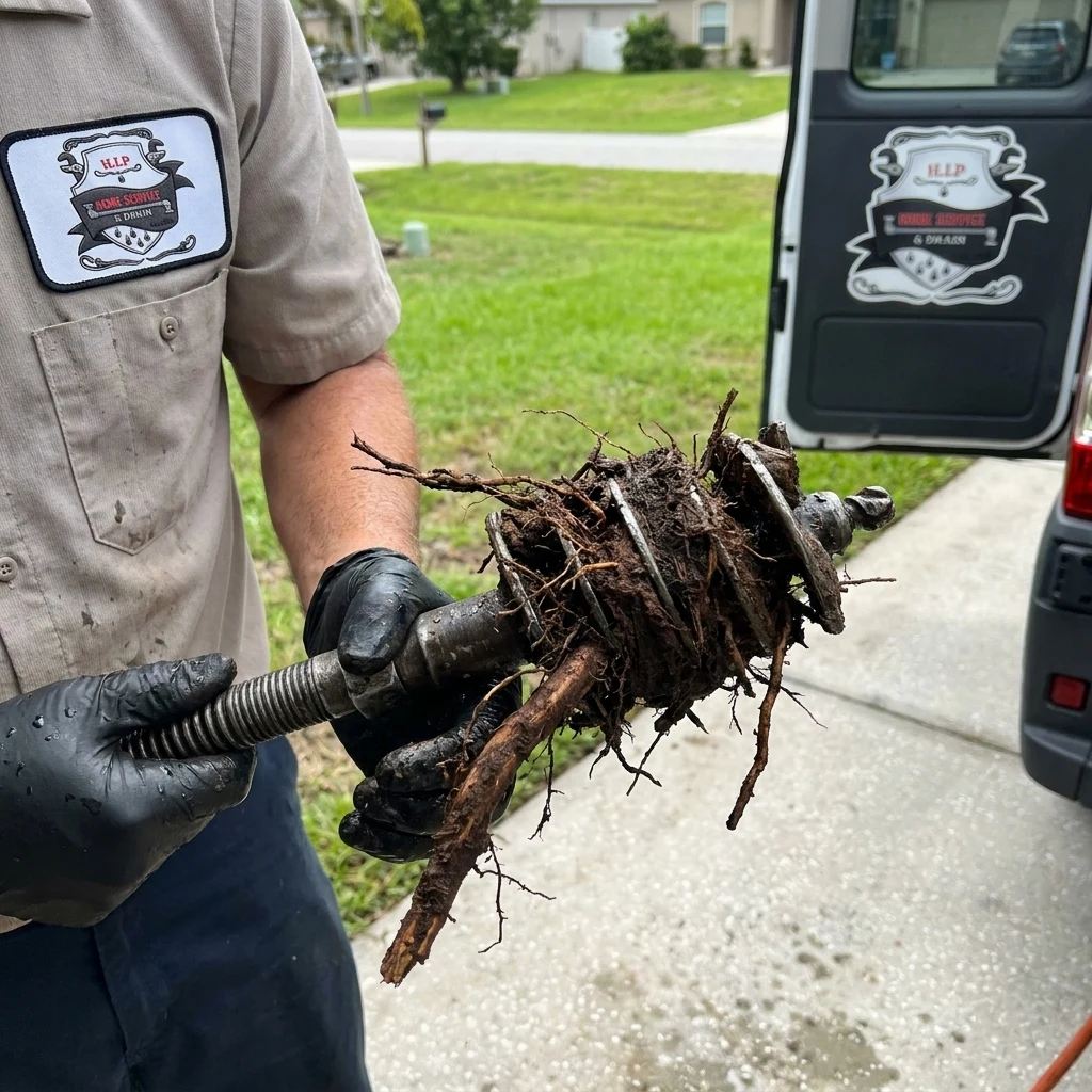 A gloved hand holding a tangle of fine roots pulled from a sewer line on a cutter head