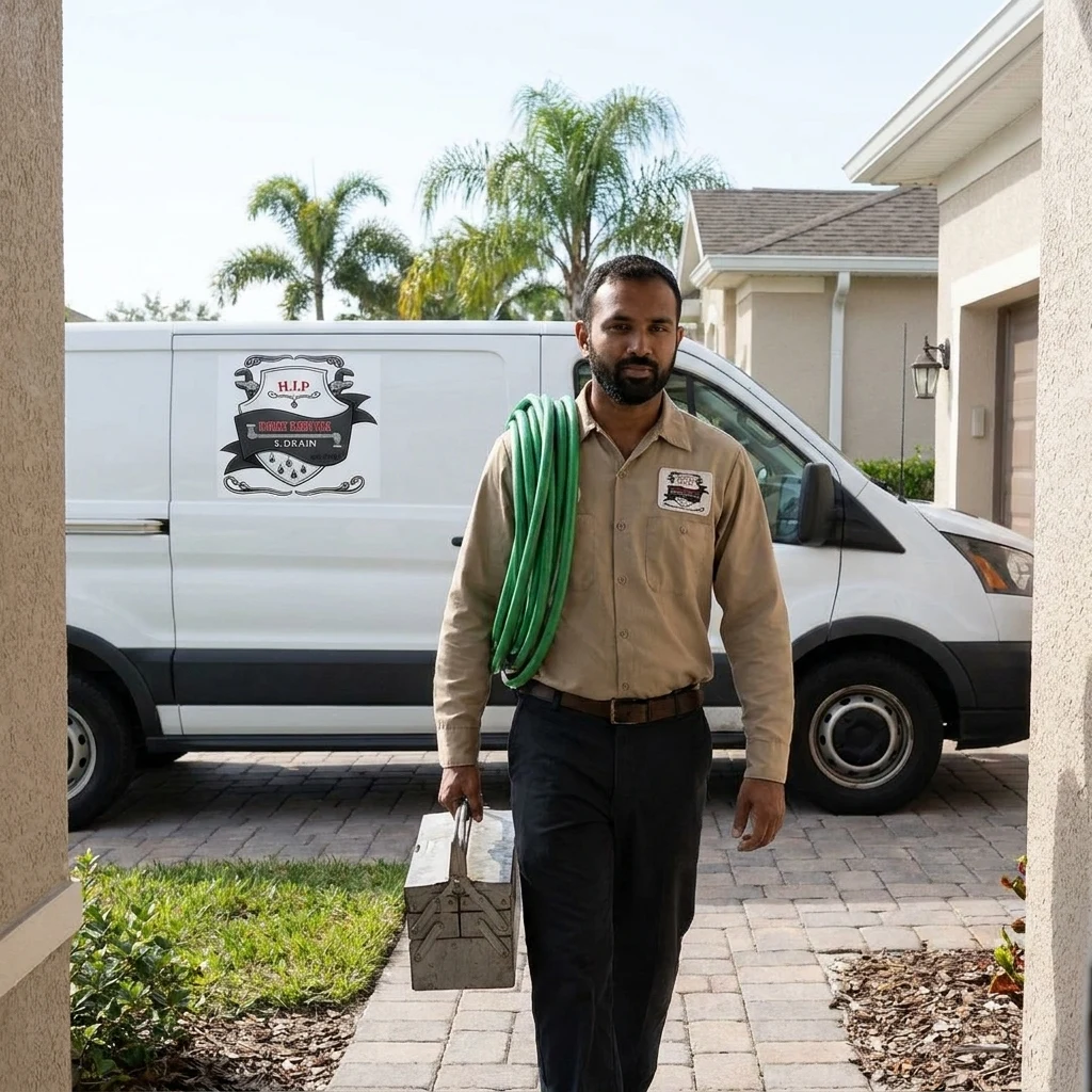 A plumber walking up a paved front walk with a tool case toward a waiting service van