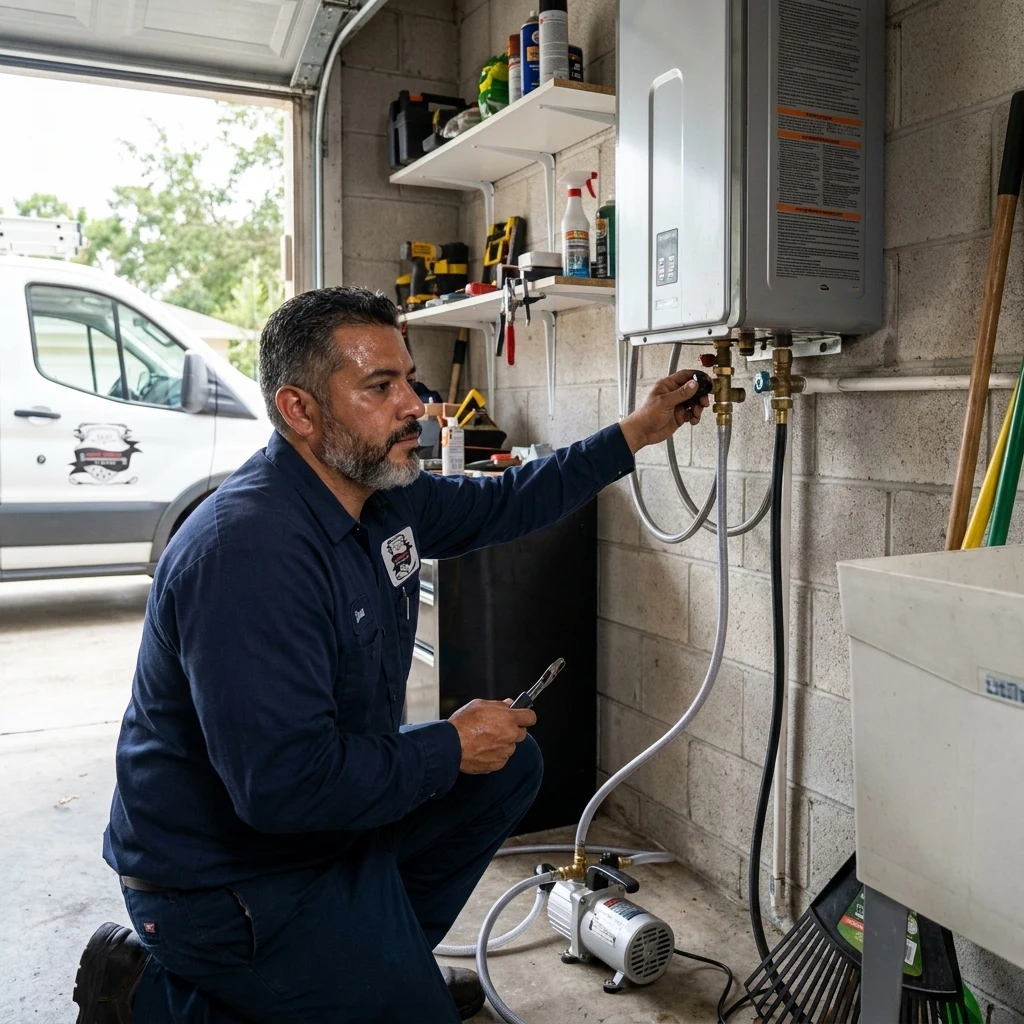 A plumber descaling a wall-mounted tankless heater with a pump and hoses attached