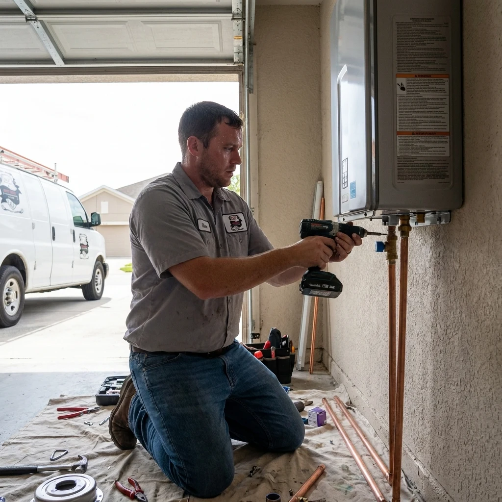 A technician mounting a tankless water heater to a garage wall with gas and water connections nearby