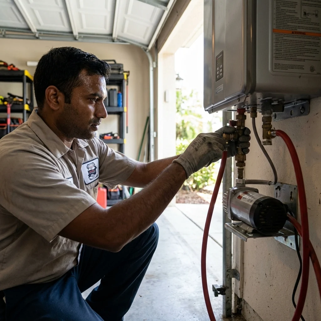 A technician servicing a wall-mounted tankless water heater with a hose and tools nearby