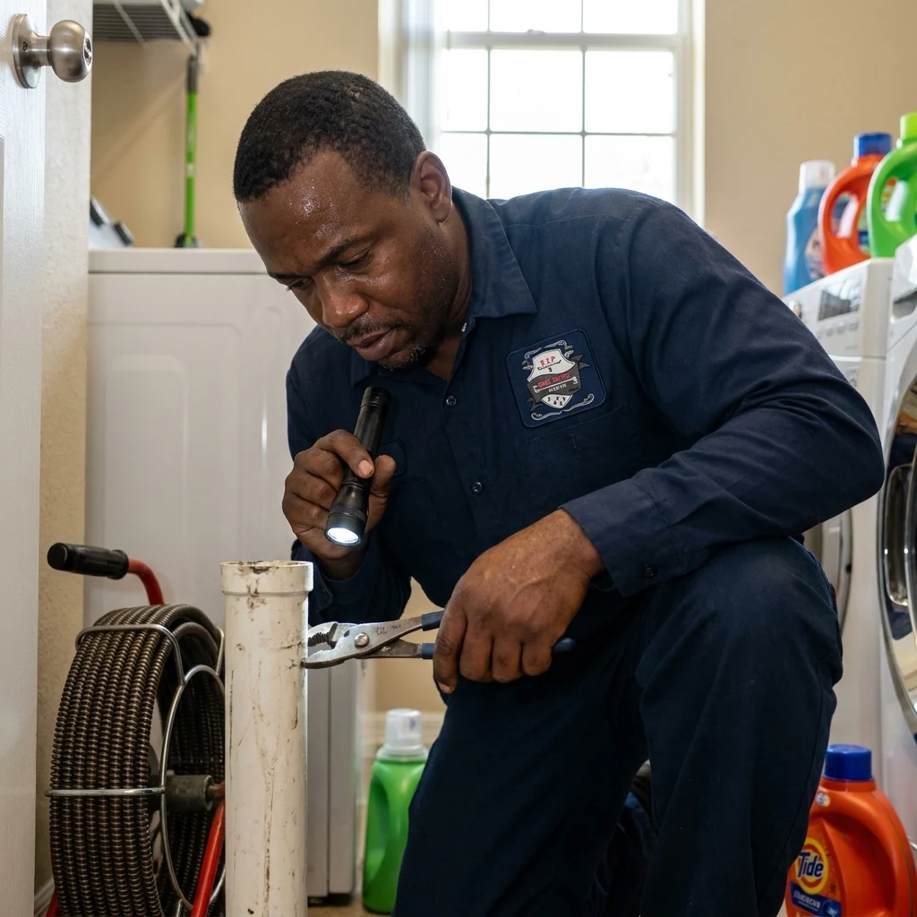A plumber at a laundry standpipe feeding a drain cable into the washing machine line