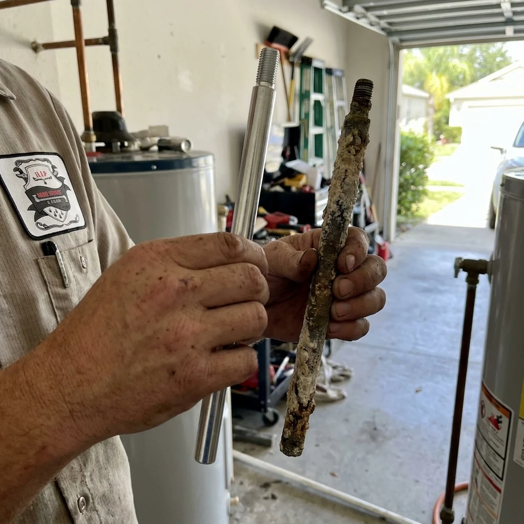 Gloved hands holding a corroded, scaled anode rod pulled from a tank water heater