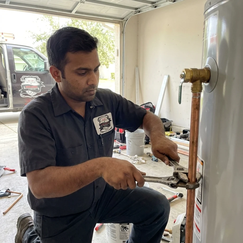 A technician working on a tank water heater in a garage, copper supply lines running above it