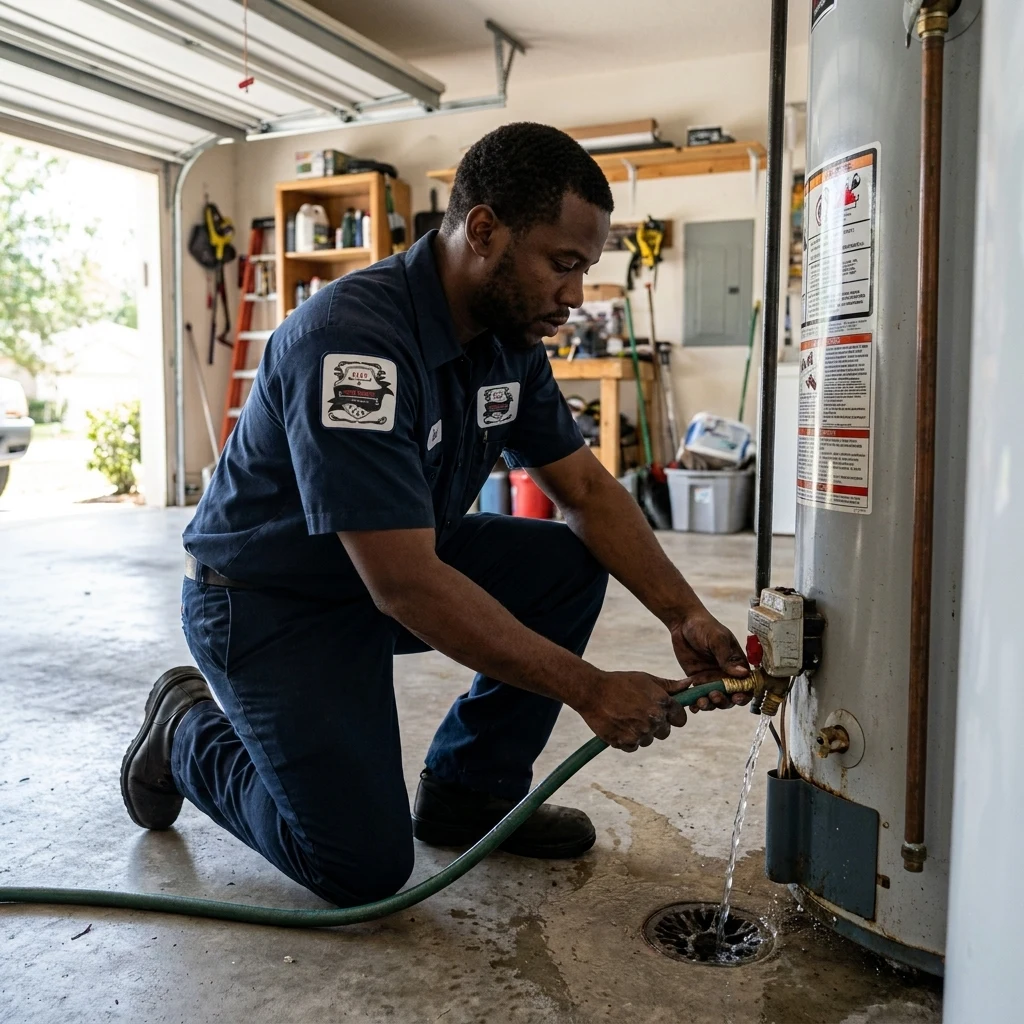 A technician draining a tank water heater through a hose, the flush that clears scale from hard-water tanks