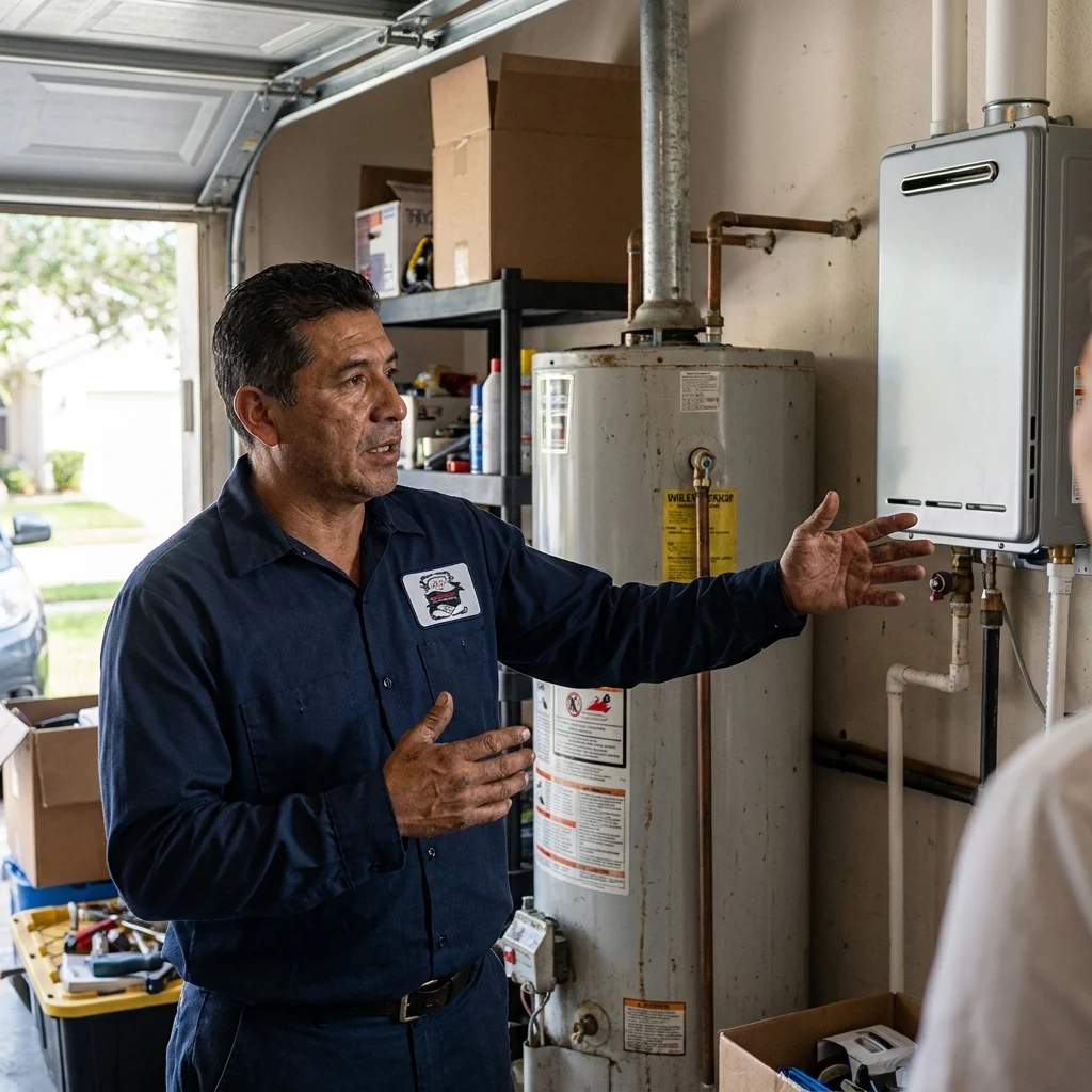 A technician in a garage explaining the difference between a tank water heater and a tankless unit
